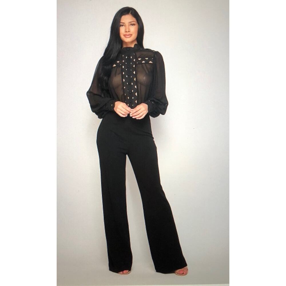 Lace Chiffon blouse wide leg jumpsuit (Black)-Medium